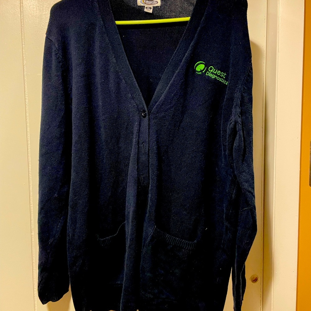 Navy Blue Cardigan Quest Diagnostic engraved in Lime Green